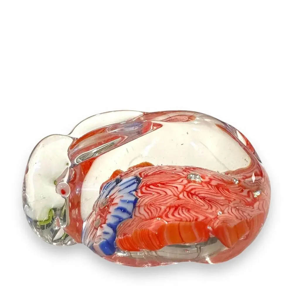 Art Glass Rabbit Paperweight Bunny Hand Blown Millefiori Clear Red White Blue